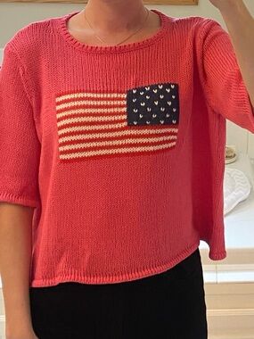 Wooden Ships Coral Crewneck Sweater with Flag Motif